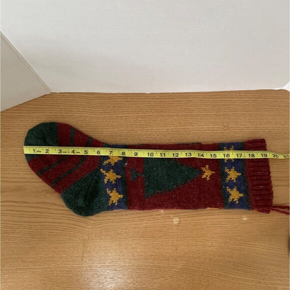Vtg Handmade Knit Christmas Stocking w Tree and Star Design 19.5 Inch Red Gold - Picture 4 of 6